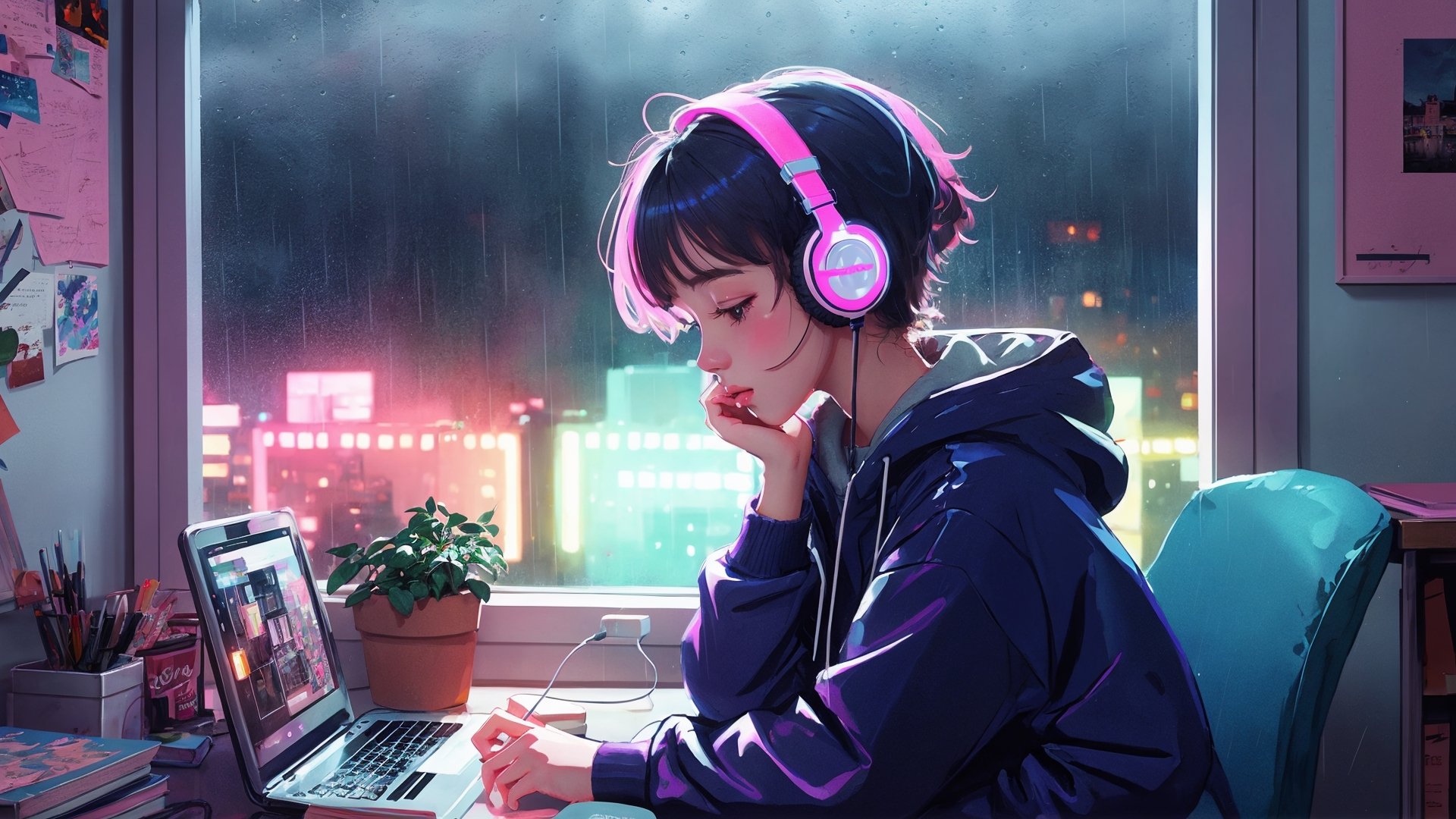 1girl,  headphone,  study table by Ai Art Vision on Tensor.Art