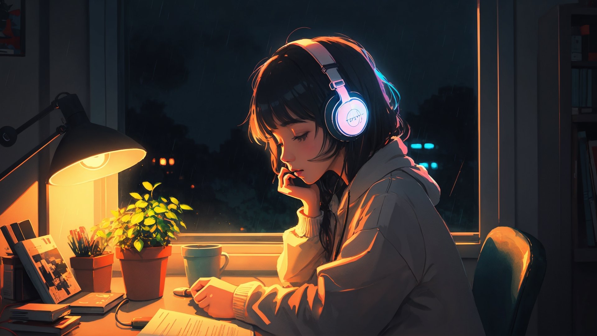 1girl,  headphone,  study table by Ai Art Vision on Tensor.Art