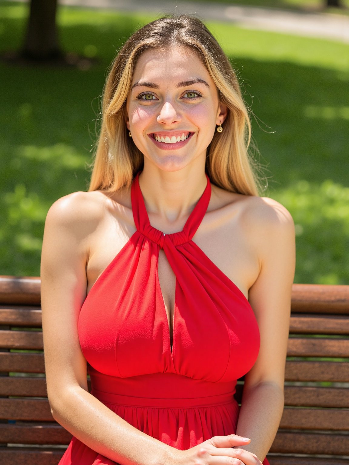 A young woman sits confidently on a wooden bench,  vibrant red halter dress shimmering against fair skin and blonde hair....