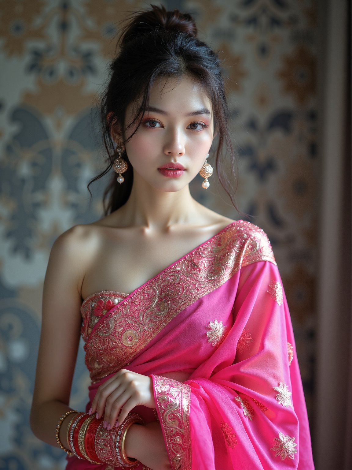 A stunning Korean woman with a fit physique,  donning a vibrant pink saree that accentuates her curves. The camera capture...