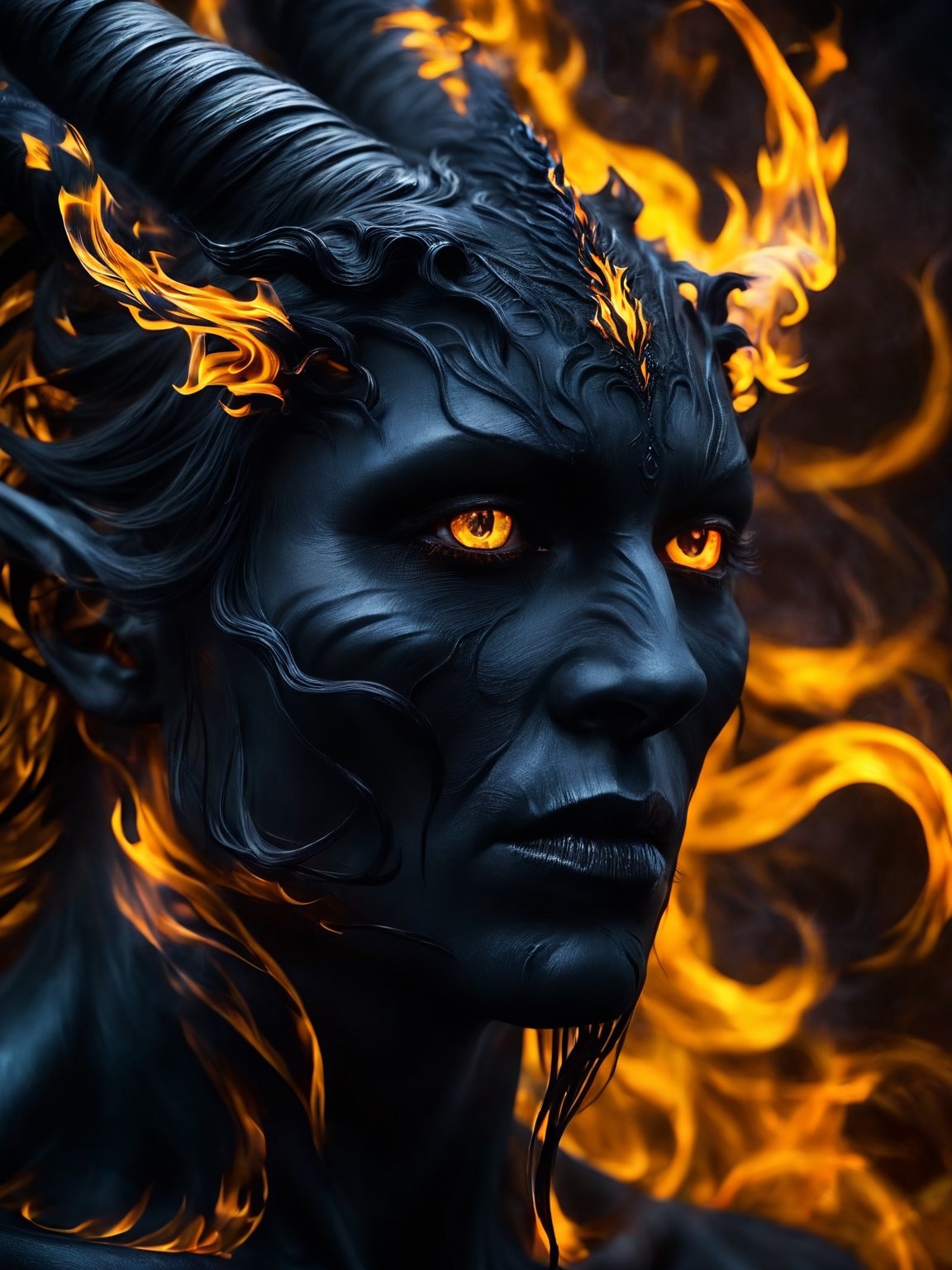 (demon, wisps of smoke,high contrast,dynamic lighting,horror fantasy,eyes of flame,intricate detail,sharp focus,masterpiece:1.2),ultra-detailed,(realistic,photorealistic,photo-realistic:1.37),dark portrait,abstract brush stroke,ominous atmosphere,ethereal mist,grotesque and twisted forms,dark shadows,unsettling presence,sinister energy,demonic horns,ominous silhouette,otherworldly glow,dark and foreboding background