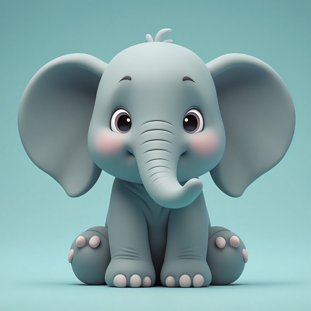 3D cute animal character,
A cute cartoon elephant sits on a teal background, exuding charm with its oversized ears and expressive, round eyes. The elephant's trunk curls playfully, and its cheeks are adorned with a rosy blush. Its stubby feet are prominently displayed, showcasing tiny toenails. The smooth, soft texture of the grey skin contrasts subtly with the gentle shading, providing a sense of depth and warmth. Rounded shapes and soft lighting emphasize the elephant's adorable features, making it appear irresistibly endearing and friendly.