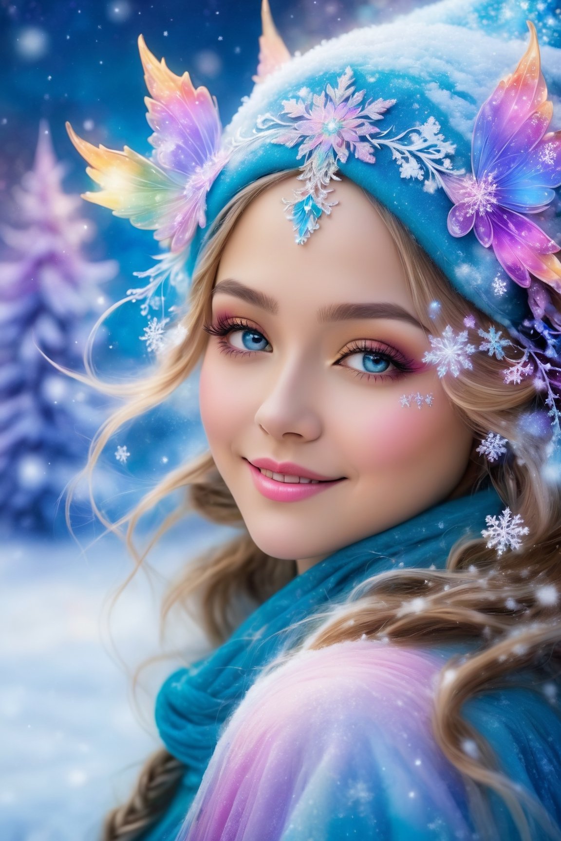 (best quality, 8K, highres, masterpiece:1.2), ultra-detailed, (fantasy-inspired, whimsical:1.37), portrait of a captivating and smiling caucasian woman transformed into a enchanting winter faerie. Her eyes, now large and luminous with detailed, circular irises of vivid, iridescent colors, reflect the magic of the winter season. She wears fantastical winter attire adorned with luxurious fur trim that shimmers with a kaleidoscope of vibrant colors. The snowy scenery behind her is a fantasy wonderland, with soft, colorful snowflakes falling gently from the sky. As she breathes icy air, her rosy cheeks and lips hint at the enchantment of this realm. Her hair flows in long, flowing strands, decorated with delicate, multi-colored snowflakes. Her pose exudes elegance and confidence, with a subtle, warm lighting accentuating her radiance. Her joyful expression and sparkling eyes reveal the innocence and wonder of this enchanting winter creature, who brings peace and serenity to the snow-covered trees in the background. The scene is an explosion of vibrant and fantastical colors, transforming the winter landscape into a magical realm.