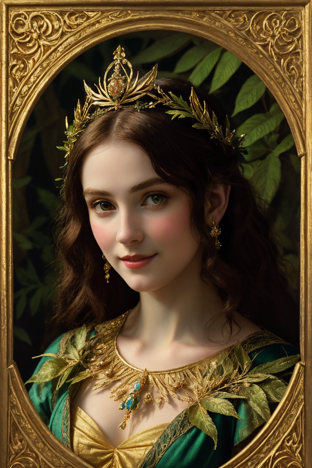 High quality, masterpiece, 8K, portrait, elven queen in a lush forest, shimmering golden gown, jeweled tiara, enigmatic smile, surrounded by ethereal glowing fauna, (magic-infused:1.4), vivid colors, intricate foliage patterns, chiaroscuro lighting, (Pre-Raphaelite art style:1.2)