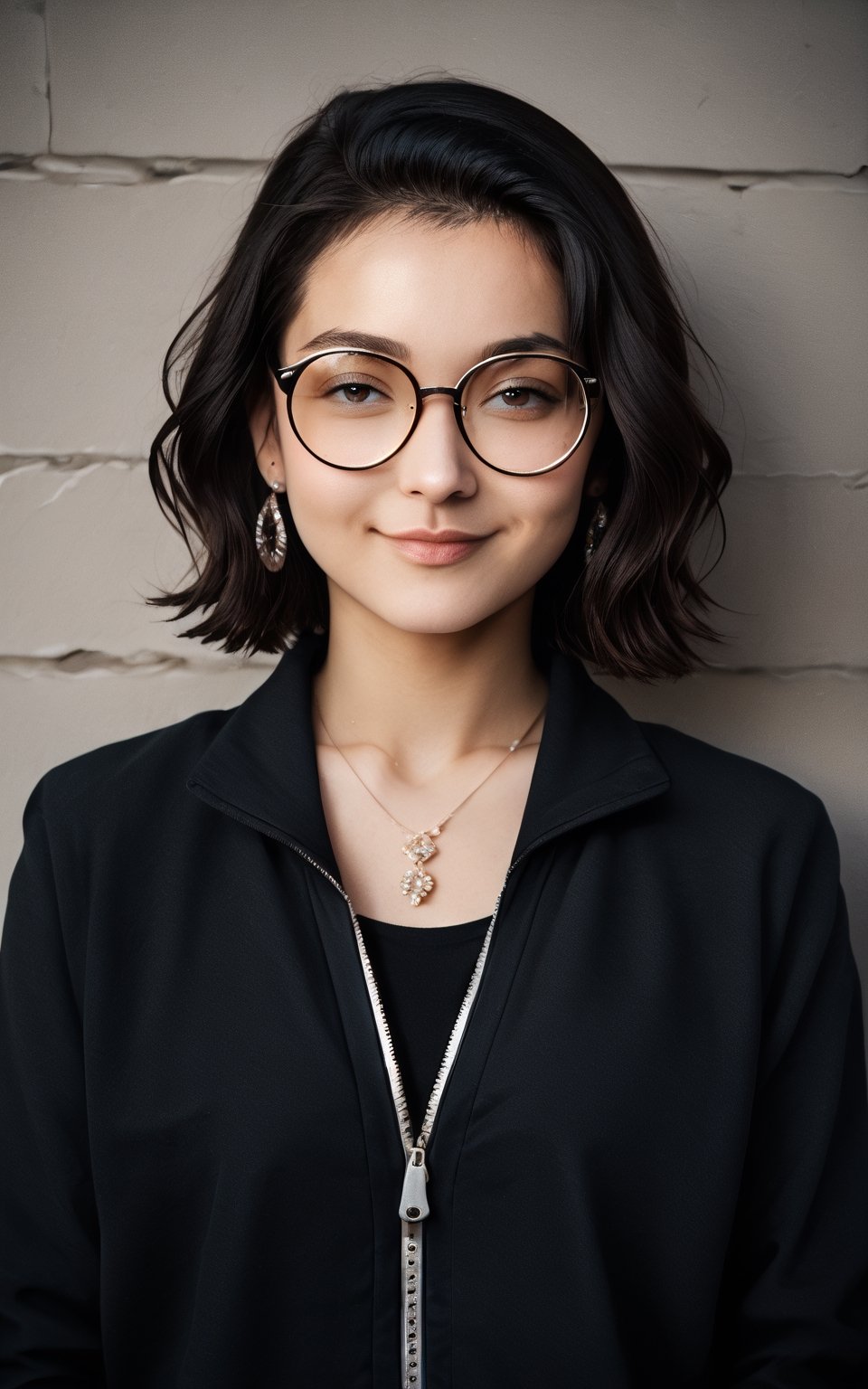 score_9,score_8_up,score_7_up,photorealistic, photography, 1girl,looking at viewer,smile,short hair,shirt,black hair,jewelry,closed mouth,jacket,upper body,multicolored hair,earrings,open clothes,glasses,medium hair,necklace,bag,mole,lips,black shirt,half-closed eyes,forehead,zipper,realistic,round eyewear,wall