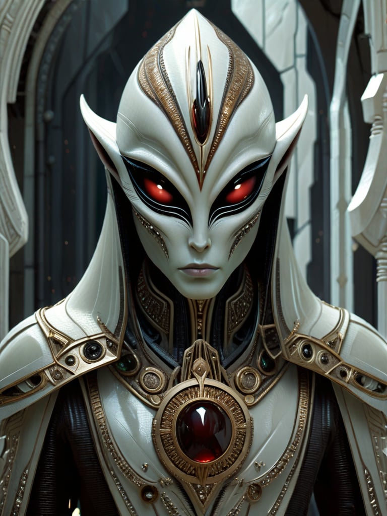 Fierce alien priest on an alien planet,  styled with dark white and light bronze tones,  adorned with gold filigree and ge...