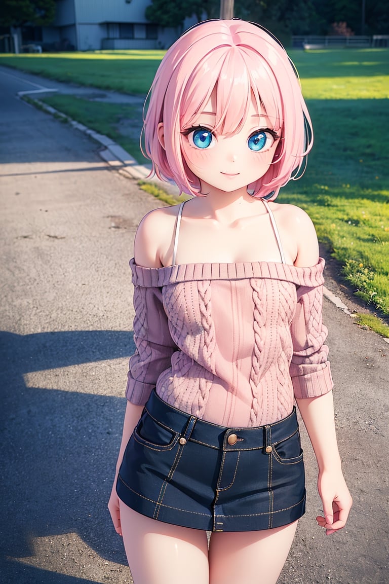 (best quality, 4k, 8k, highres, masterpiece:1.2), ultra-detailed, (realistic, photorealistic, photo-realistic:1.37), 1girl, cowboy shot, outdoors, standing, evil smile, strap sweater, bare shoulders, microskirt, short pink hair, azure eyes, portraits, vivid colors, warm color palette, soft lighting,