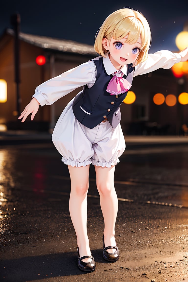 1girl, solo, blonde hair, outstretched arms, open mouth, skirt, ribbon, hair ribbon, shoes, underwear, vest, smile, mary janes, ascot, purple eyes, shirt, long sleeves, short hair, bloomers, (best quality, 4k, 8k, highres, masterpiece:1.2), ultra-detailed, (realistic, photorealistic, photo-realistic:1.37), HDR, UHD, studio lighting, ultra-fine painting, sharp focus, physically-based rendering, extreme detail description, professional, vivid colors, bokeh, portraits, landscape