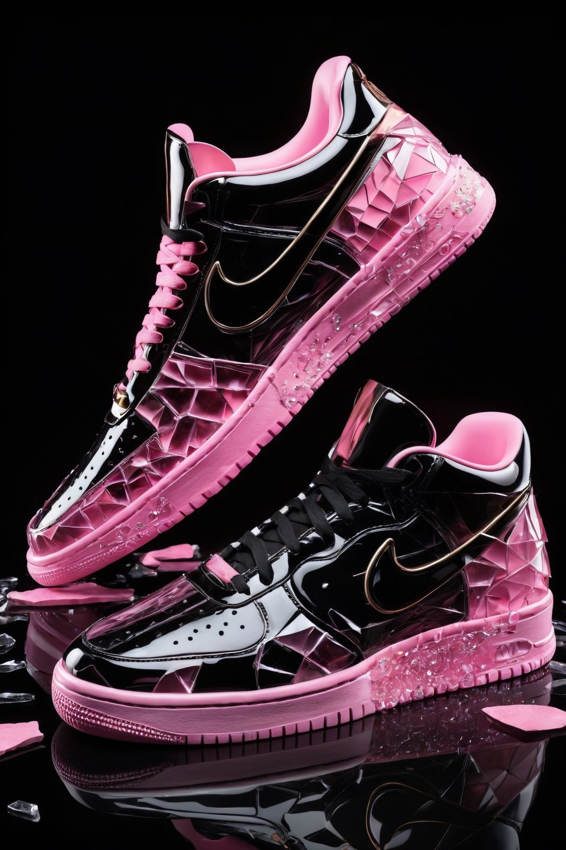 (best quality,8K,highres,masterpiece), ultra-detailed, Sneakers Design, simple background,shoes,black background,pink theme,broken glass