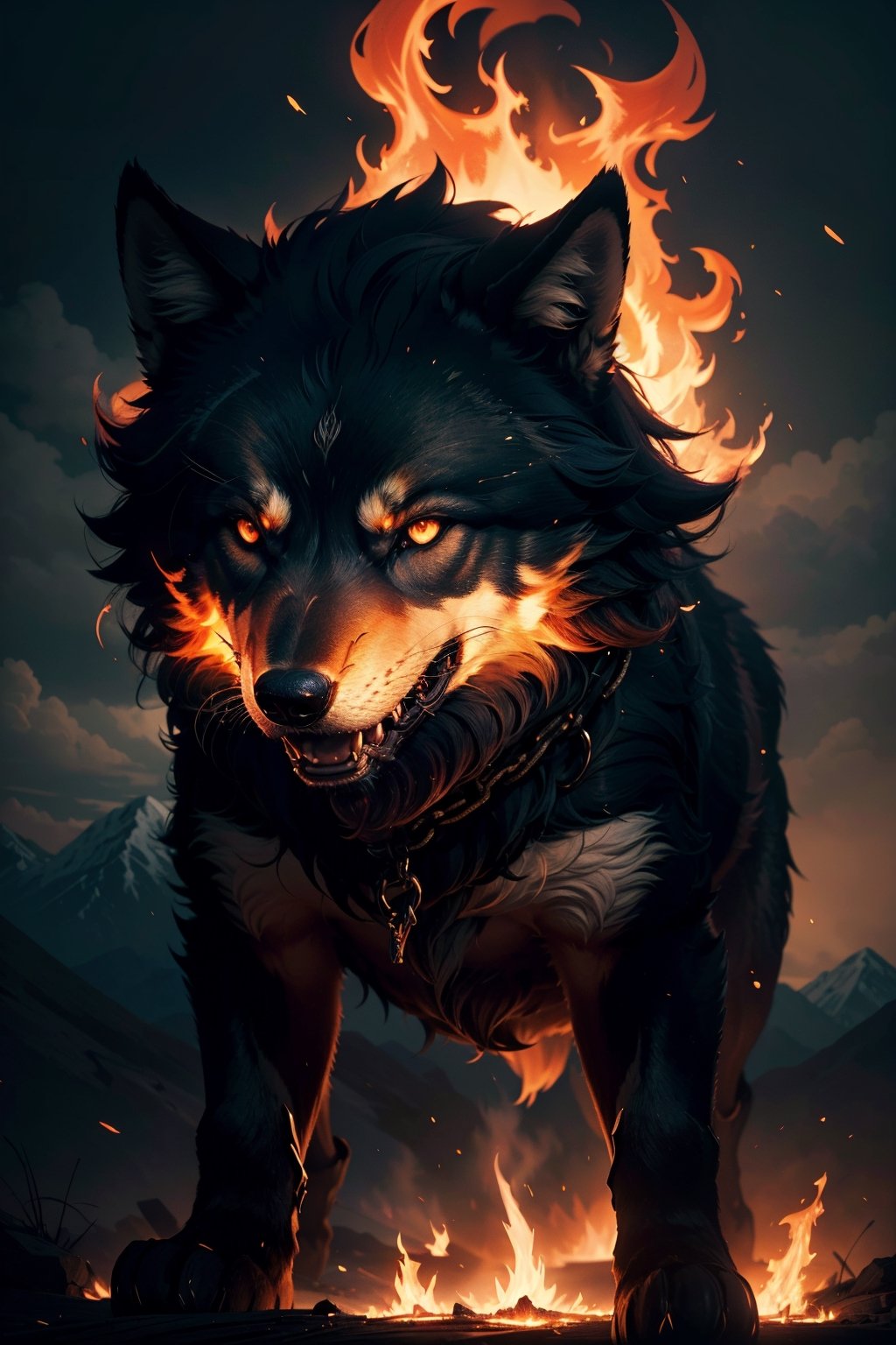 (best quality, highres:1.2, ultra-detailed, photorealistic:1.37), giant wolf Fenrir, fire, mountains, protruding, broken shackles, chains hanging, red eyes, angry, realistic lighting, dark atmosphere, eerie shadows, menacing presence, glowing embers, powerful stance, epic landscape, smoke billowing, intense heat, growling, fierce expression, wild fur, towering silhouette, raging flames, ethereal glow, foreboding, untamed power