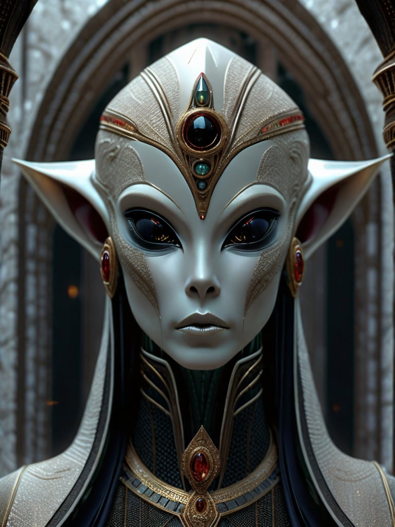Fierce alien priest on an alien planet,  styled with dark white and light bronze tones,  adorned with gold filigree and ge...