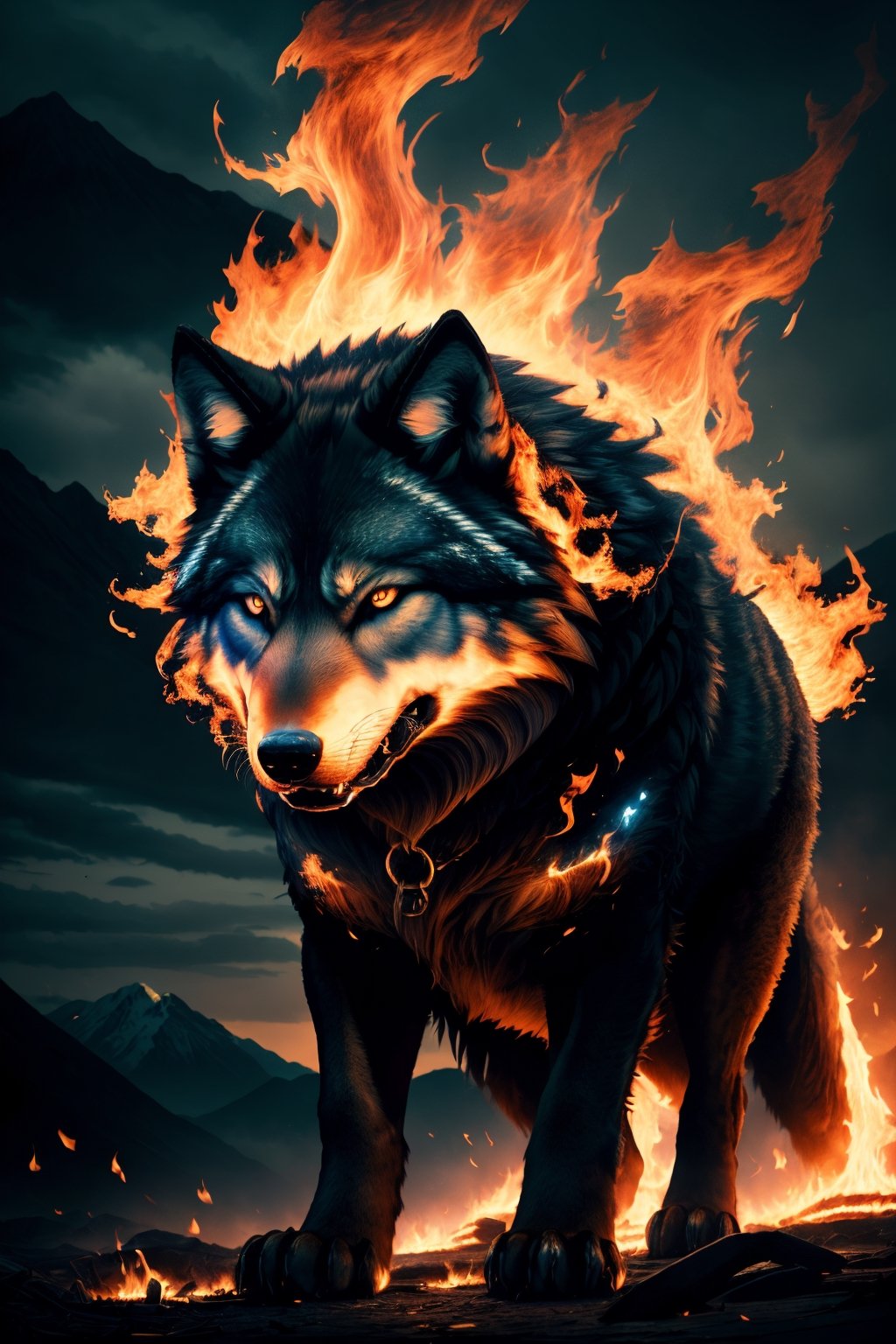 (best quality, highres:1.2, ultra-detailed, photorealistic:1.37), giant wolf Fenrir, fire, mountains, protruding, broken shackles, chains hanging, red eyes, angry, realistic lighting, dark atmosphere, eerie shadows, menacing presence, glowing embers, powerful stance, epic landscape, smoke billowing, intense heat, growling, fierce expression, wild fur, towering silhouette, raging flames, ethereal glow, foreboding, untamed power