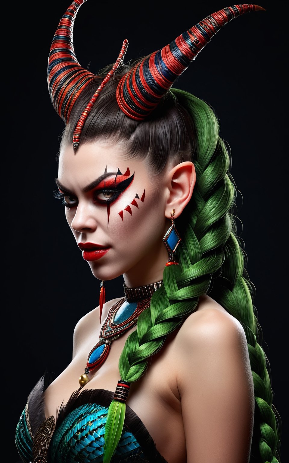 (best quality,8K,highres,masterpiece), ultra-detailed, (girl with an unusual hairstyle made of braids and feathers), a girl with an extraordinary hairstyle composed of intricate braids interwoven with feathers. Her hair is styled with meticulous detail, showcasing the complexity and creativity of the braids and the delicate texture of the feathers. The overall composition highlights her unique and striking appearance, with a focus on the detailed craftsmanship of her hairstyle. The vibrant colors of the feathers add an element of whimsy and elegance, enhancing the overall visual impact of the image, portrait