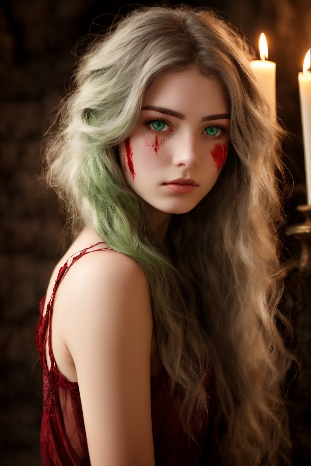 (a deep reddish wound crosses her left cheek) fair complexion,  woman around 19 years old,  natural white hair by Ai Art V...