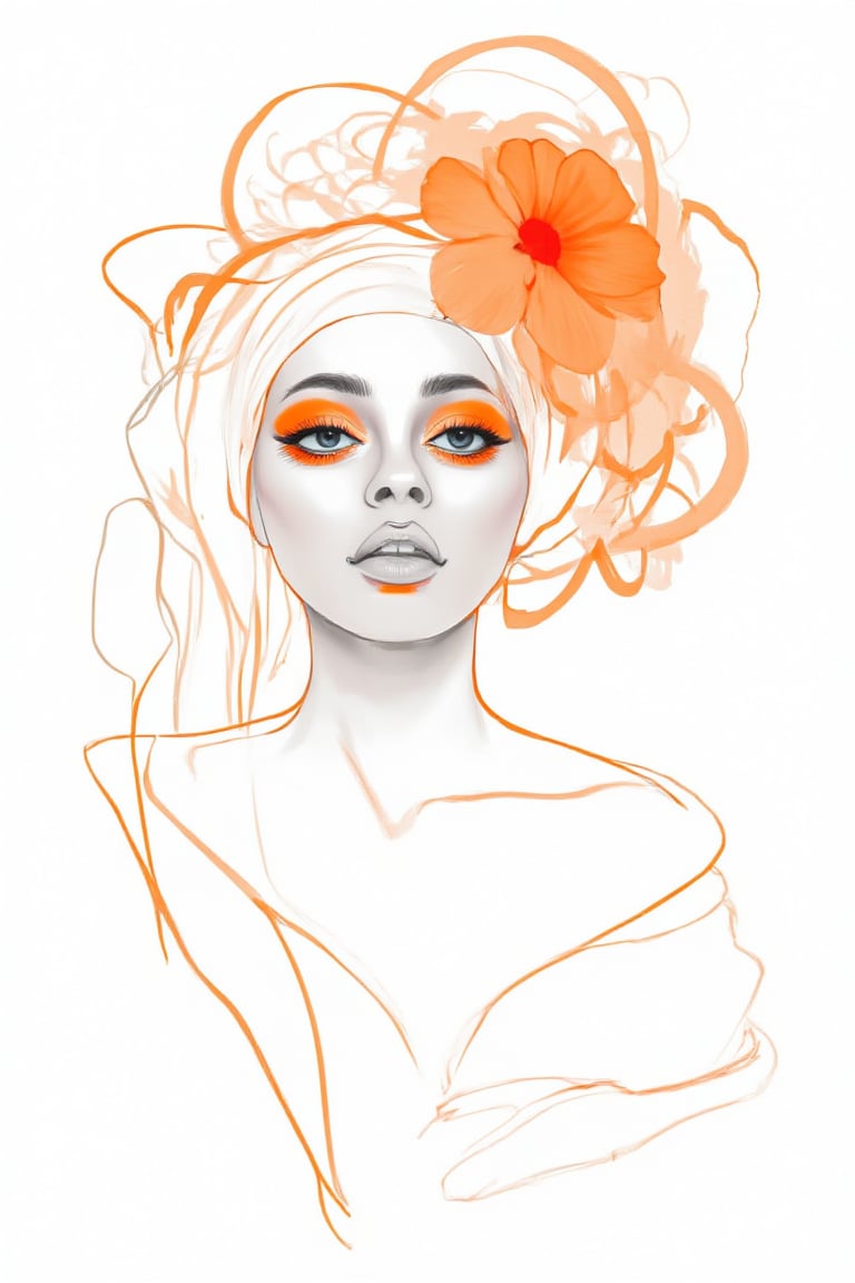 A digitally rendered portrait features a woman with a monochromatic palette punctuated by vivid orange accents. She wears a headscarf with flowing lines and an orange flower. Her makeup includes striking orange eyeshadow and lipstick. Soft, smooth lines define her face, while abstract, fluid lines in orange contour around her, creating a dynamic contrast. Her expression is neutral, and the background remains stark white, emphasizing the subject’s features and colorful elements.