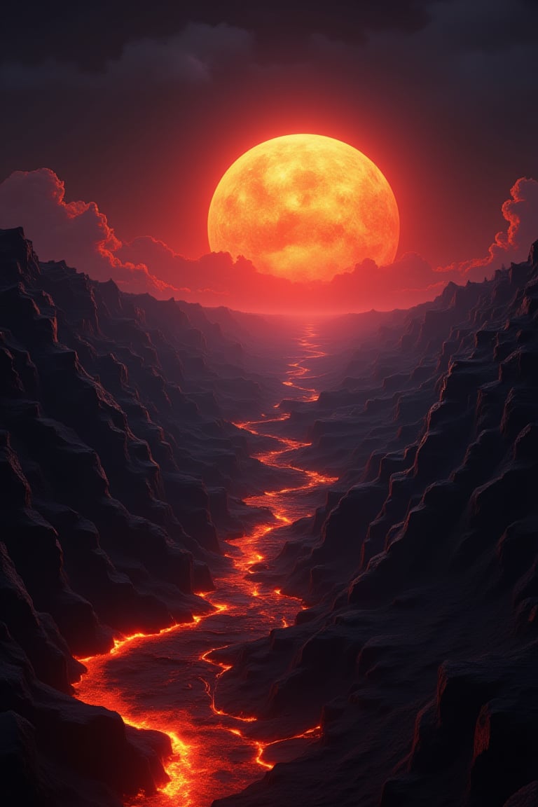 A massive, fiery sun hangs ominously low in the sky, casting an intense orange and red glow over the landscape. Jagged, dark volcanic terrain stretches out beneath it, cracked open by a river of molten lava winding its way toward the horizon. The sky, filled with swirling dark clouds, creates a dramatic contrast with the luminescent, inferno-like atmosphere. The scene is bathed in a surreal, otherworldly light, highlighting the stark, rugged textures of the terrain and the explosive energy emanating from the smoldering fissures.