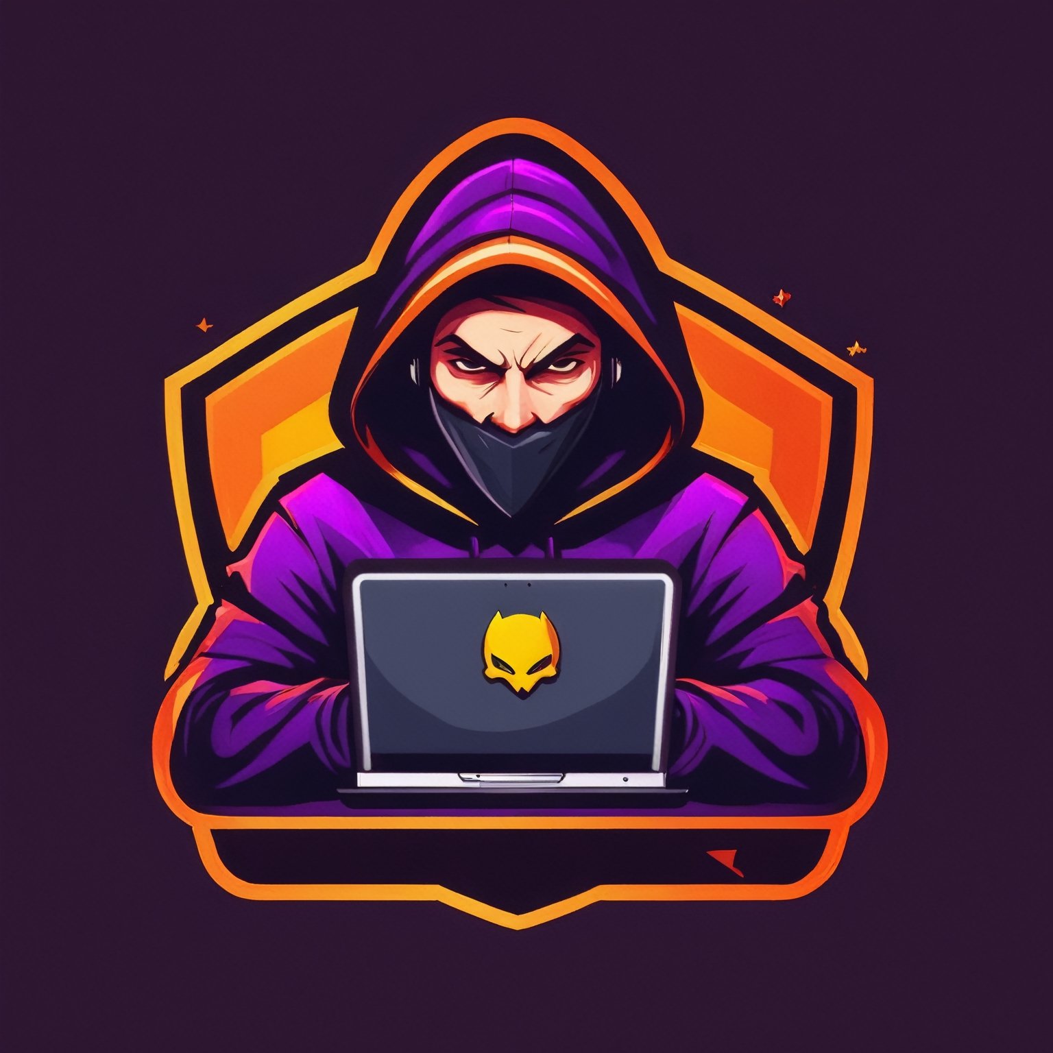 (best quality, 4k, 8k, highres, masterpiece:1.2), ultra-detailed,Gaming logo design,illustration, a man with a hoodie on and a laptop with a face on it.