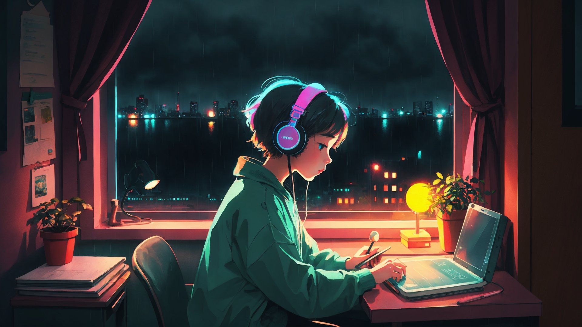 1girl,  headphone,  study table by Ai Art Vision on Tensor.Art