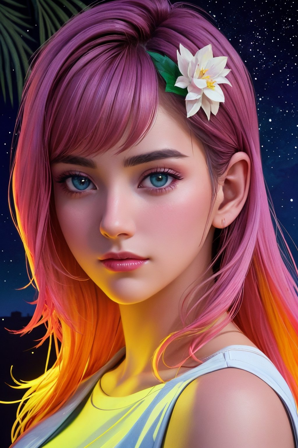 (best quality, 8K, ultra-detailed, masterpiece), (ultra-realistic, photorealistic), A mesmerizing 8K portrait capturing the essence of a solitary boy in a close-up view, his gaze fixed afar, set against the backdrop of a synthwave art style poster. The scene is adorned with lush palm leaves and delicate white flowers, adding an intriguing geometric pattern to the composition. The entire setting is bathed in a neon yellow glow, reminiscent of the synthwave aesthetic, against a dark, starry night sky illuminated by bioluminescent elements. This artwork radiates fortitude and wholesome beauty, inviting you to immerse yourself in its unique and captivating world.