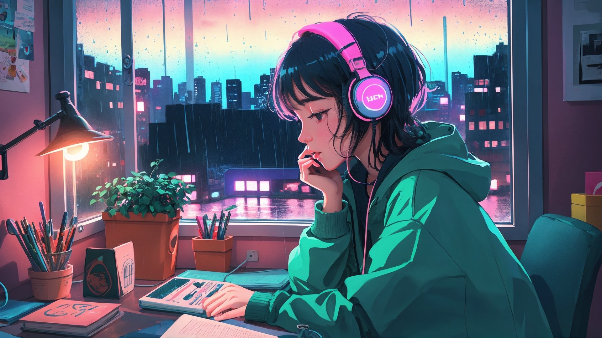 1girl,  headphone,  study table by Ai Art Vision on Tensor.Art