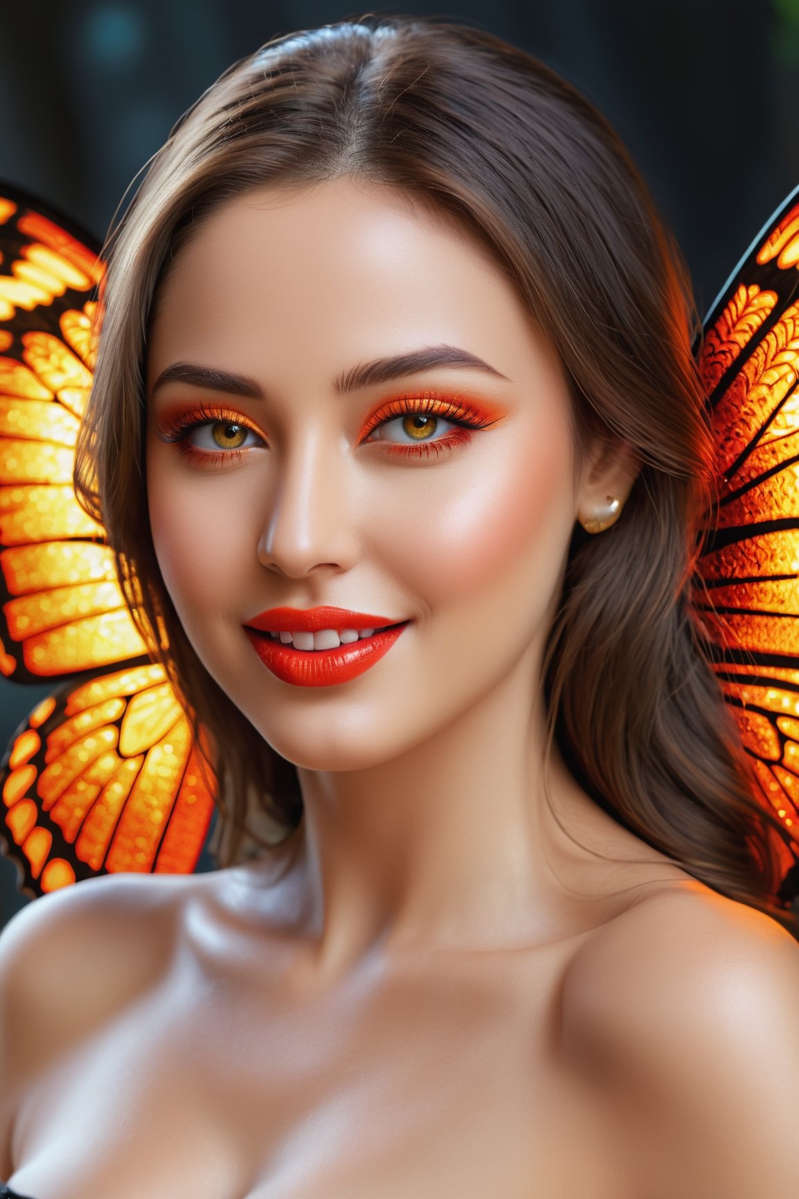 best quality,highres,masterpiece:1.2,ultra-detailed,(realistic,photorealistic,photo-realistic:1.37),beautiful woman (extremely beautiful face:red lips,cute smile,sparkling eyes),detailed wings with intricate patterns, vibrant colors,soft glow from wings to highlight the woman's beauty,detailed texture on the wings with visible veins and delicate scales,background with molten lava flowing with bright orange-red color, sparkling and reflecting the light,powerful contrast between the woman's beauty and the dangerous lava,butterflies flying around the woman,adding a whimsical and magical touch to the scene.