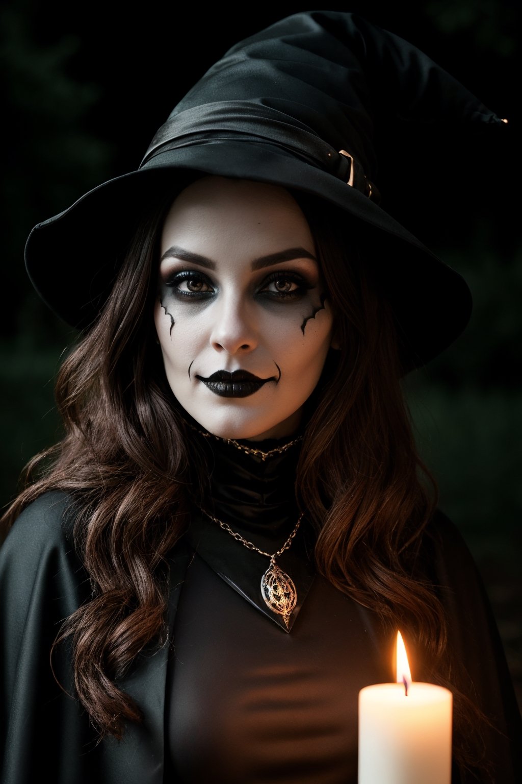 sexy,witch,halloween costume,creepy,spooky,halloween makeup,medium:1.2,[detailed],[dark forest],(best quality,4k,8k,highres,masterpiece:1.2),ultra-detailed,(realistic,photorealistic,photo-realistic:1.37),HDR,UHD,studio lighting,ultra-fine painting,sharp focus,physically-based rendering, extreme detail description,professional,vivid colors,bokeh,[witch hat],[long flowing hair],[candlelight],[dark eye makeup],[scary atmosphere],[mysterious smile],[black cape],horror,colourful,low key lighting,[haunting],gothic,nighttime,magic