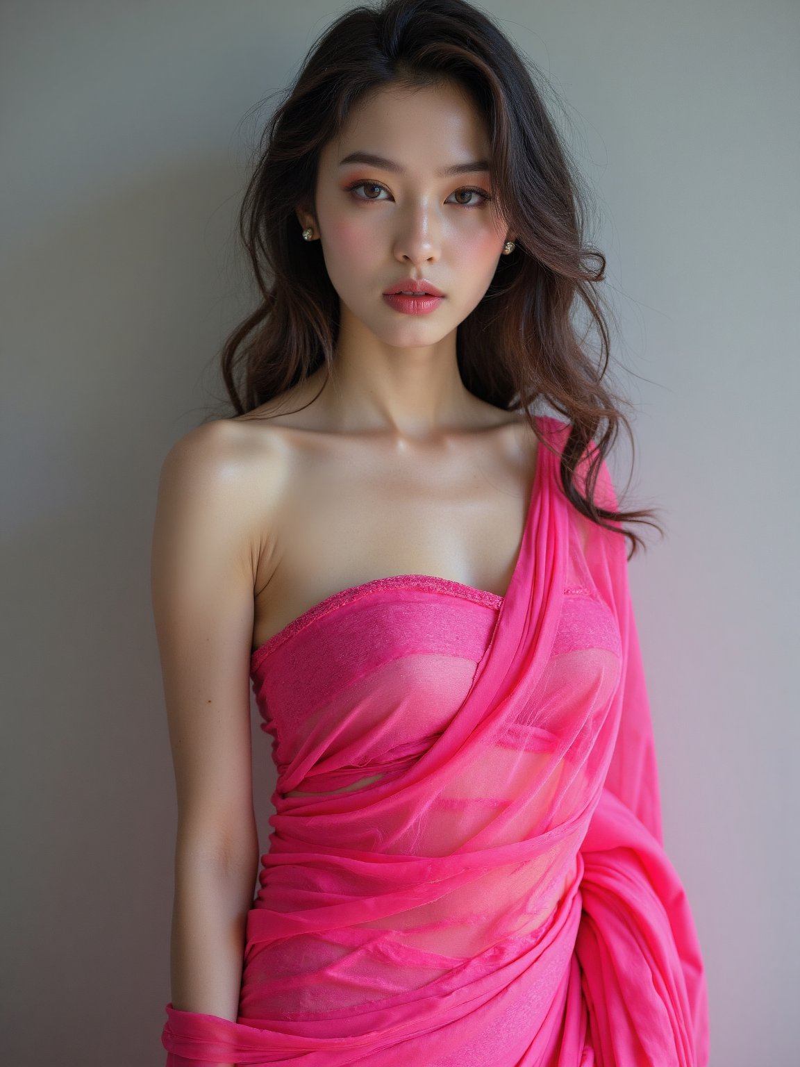 A stunning Korean woman strikes a sensual pose,  her curvaceous figure showcased in a vibrant pink saree that drapes elega...