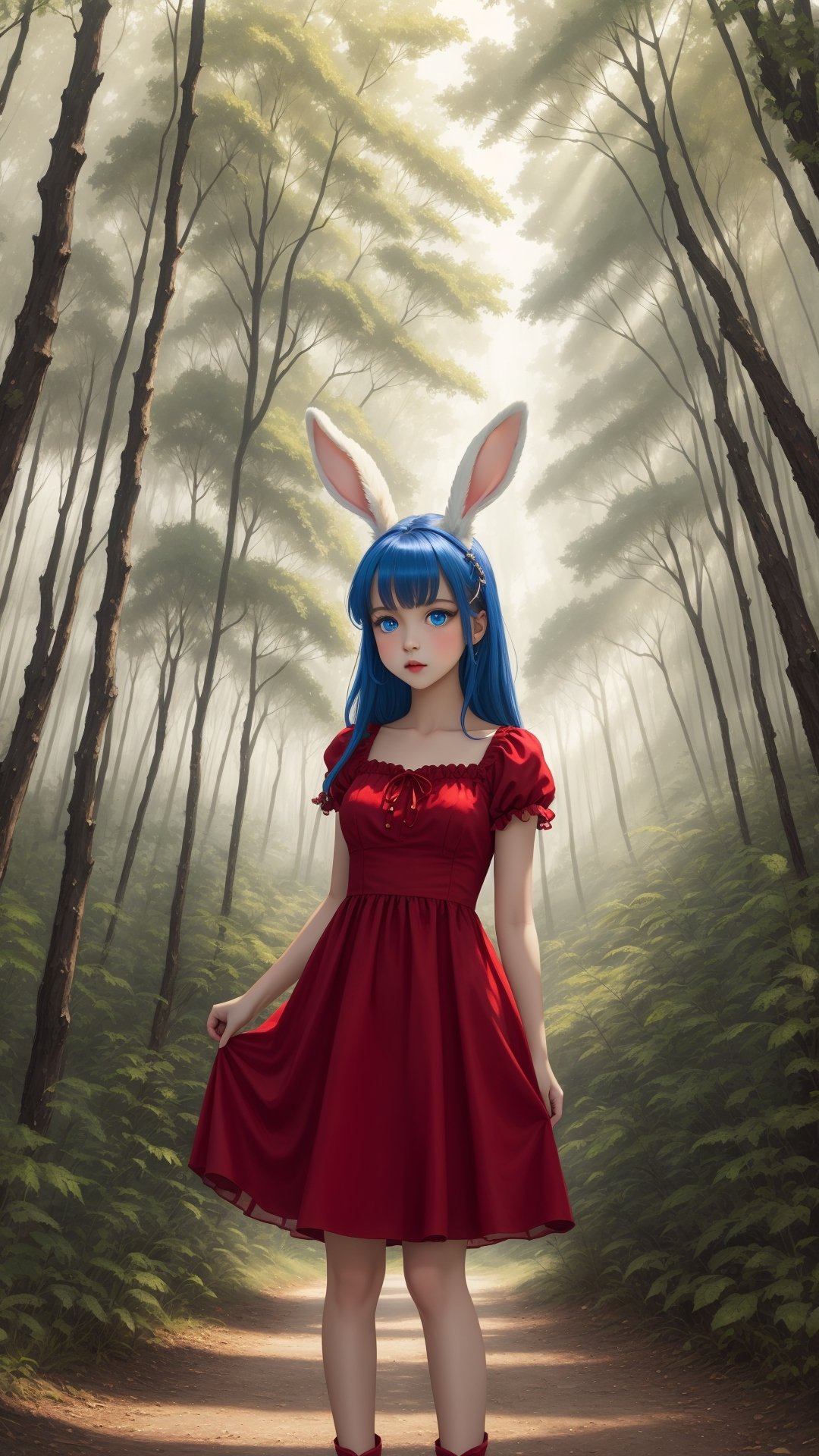 A girl rabbit with big blue eyes and a red dress in a dreamy forest by Ai Art Vision on Tensor.Art