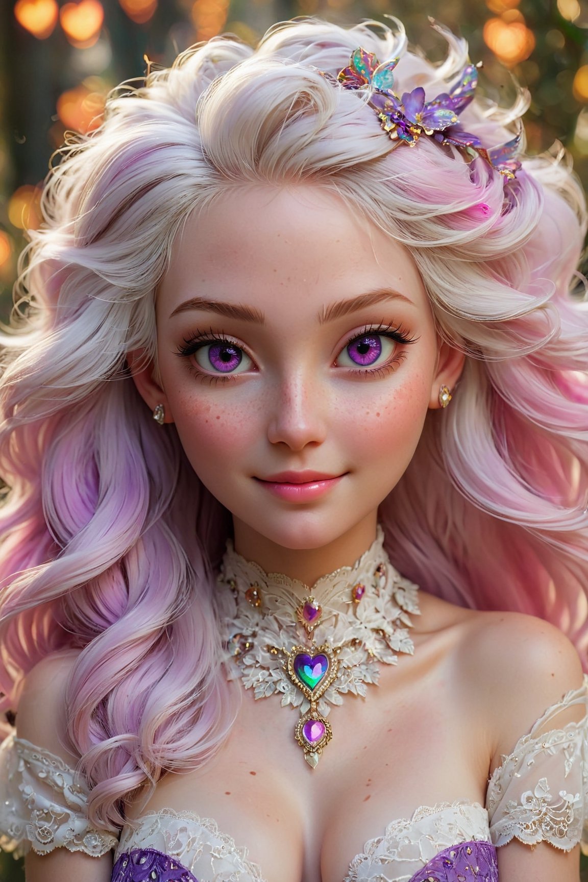 (best quality,8K,highres,masterpiece), ultra-detailed, (fantasy creature, super colorful), featuring a mesmerizing being with heart-shaped pupils, ethereal white hair, and enchanting purple eyes. Their cheeks are adorned with a gentle blush (blush:1.1), and they wear a captivating choker around their elegant neck. The upper body of this fantastical creature is adorned with a shimmering crop top that radiates love and happiness. A cheerful smile graces their face as they emanate an aura of joy and enchantment. Their lace attire and surroundings are a dazzling tapestry of vibrant colors and bokeh, creating a dreamlike atmosphere. Freckles (freckles:0.8) adorn their natural skin texture, adding a touch of uniqueness to their portrait. The scene is an explosion of fantastical hues, making this creature a living embodiment of a vivid and magical world.