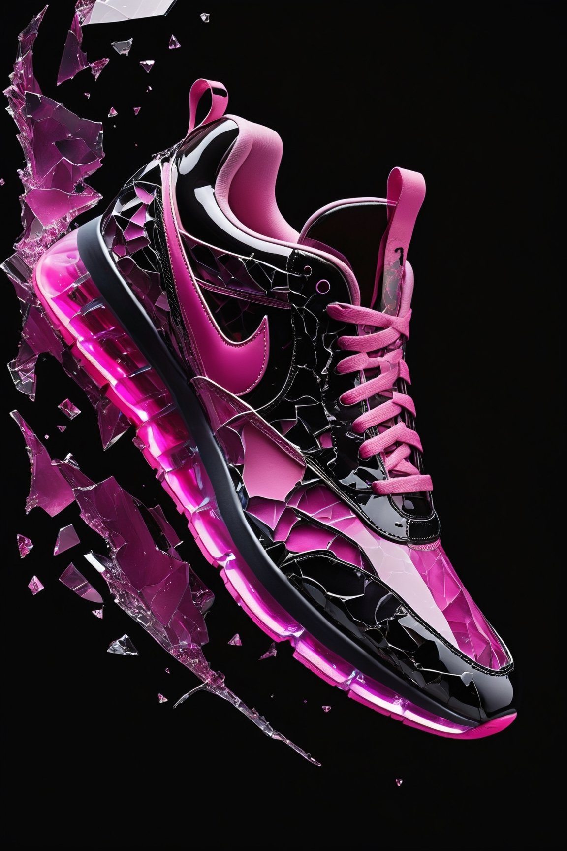 (best quality,8K,highres,masterpiece), ultra-detailed, presenting an edgy sneakers design against a sleek black background. The shoes feature a striking pink theme, with accents of vibrant hues that pop against the dark backdrop. Adding to the allure of the design, shattered fragments of glass are artfully integrated into the composition, lending a sense of urban grit and sophistication. The broken glass elements are meticulously crafted, with jagged edges and reflective surfaces that catch and refract light in captivating ways. Despite the apparent chaos of the shattered glass, there's a sense of cohesion and harmony in the overall design, creating a visually arresting contrast between strength and fragility. These sneakers embody the spirit of boldness and resilience, making a powerful statement of individuality and style. This artwork celebrates the beauty of contrasts, inviting the viewer to embrace both the darkness and the light within.