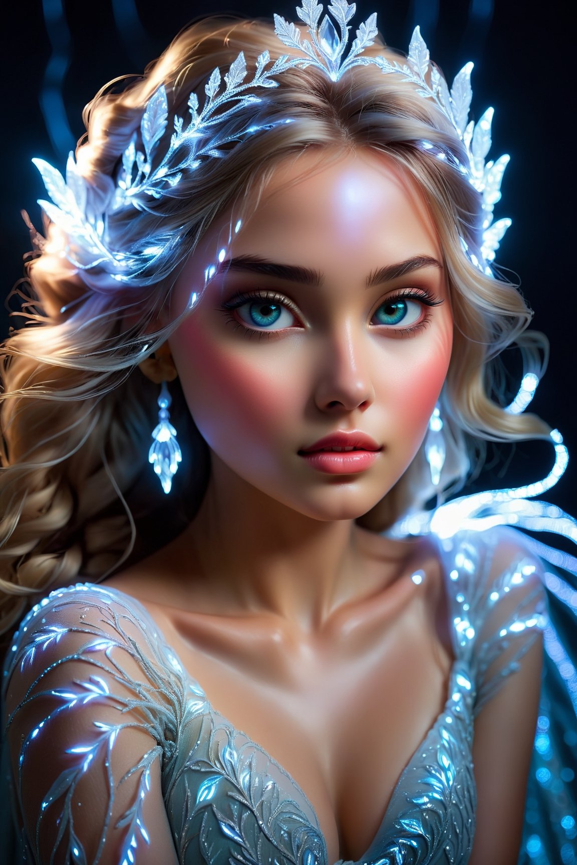 (high quality, 4k, 8k, highres, masterpiece:1.2), ultra-detailed, realistic, beautiful detailed eyes, beautiful detailed lips, extremely detailed eyes and face, longeyelashes, fantastic magical portrait, breathtaking glowing silhouette of a woman, ethereal and dreamlike figure, dressed in flowing delicate garments, gentle gaze piercing through the darkness, mysterious aura surrounding her, translucent skin emitting a soft radiance, translucent body like an ethereal apparition, curved lines and graceful movements, neon lights illuminating her delicate features, glimmering light particles floating around her, creating a surreal and otherworldly atmosphere, vibrant and vivid colors, painted with mesmerizing cmyk colors, adding depth and dimension to the portrait, backlit by a mesmerizing glow, casting a beautiful and enchanting aura around her, masterfully captured moment frozen in time, amazing fusion of the real and the surreal, creating a captivating and immersive visual experience.