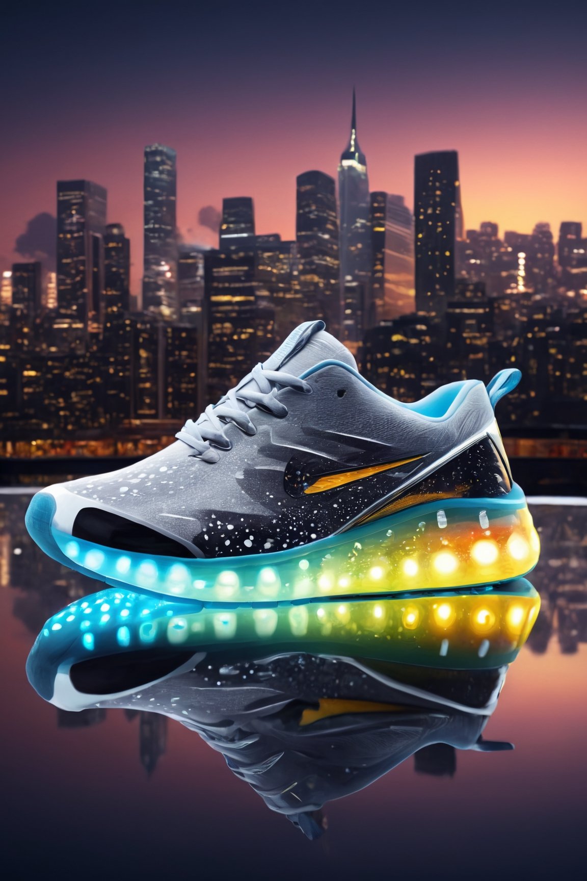 (best quality,8K,highres,masterpiece), ultra-detailed,showcasing the design concept of sneakers in an outdoor setting at night, with the sky overhead and water reflecting the city lights. The sneakers are positioned on a street, with a blurred background that includes buildings and cityscape elements, adding depth to the scene. The use of depth of field enhances the focus on the sneakers while creating a sense of immersion in the urban environment. The reflection of the sneakers on the water's surface adds visual interest and realism, contributing to the overall ambiance of the artwork. This illustration captures the fusion of style and functionality in sneaker design, set against the dynamic backdrop of a bustling city at night.