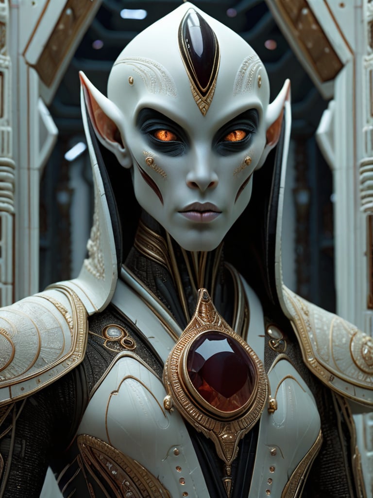 Fierce alien priest on an alien planet,  styled with dark white and light bronze tones,  adorned with gold filigree and ge...