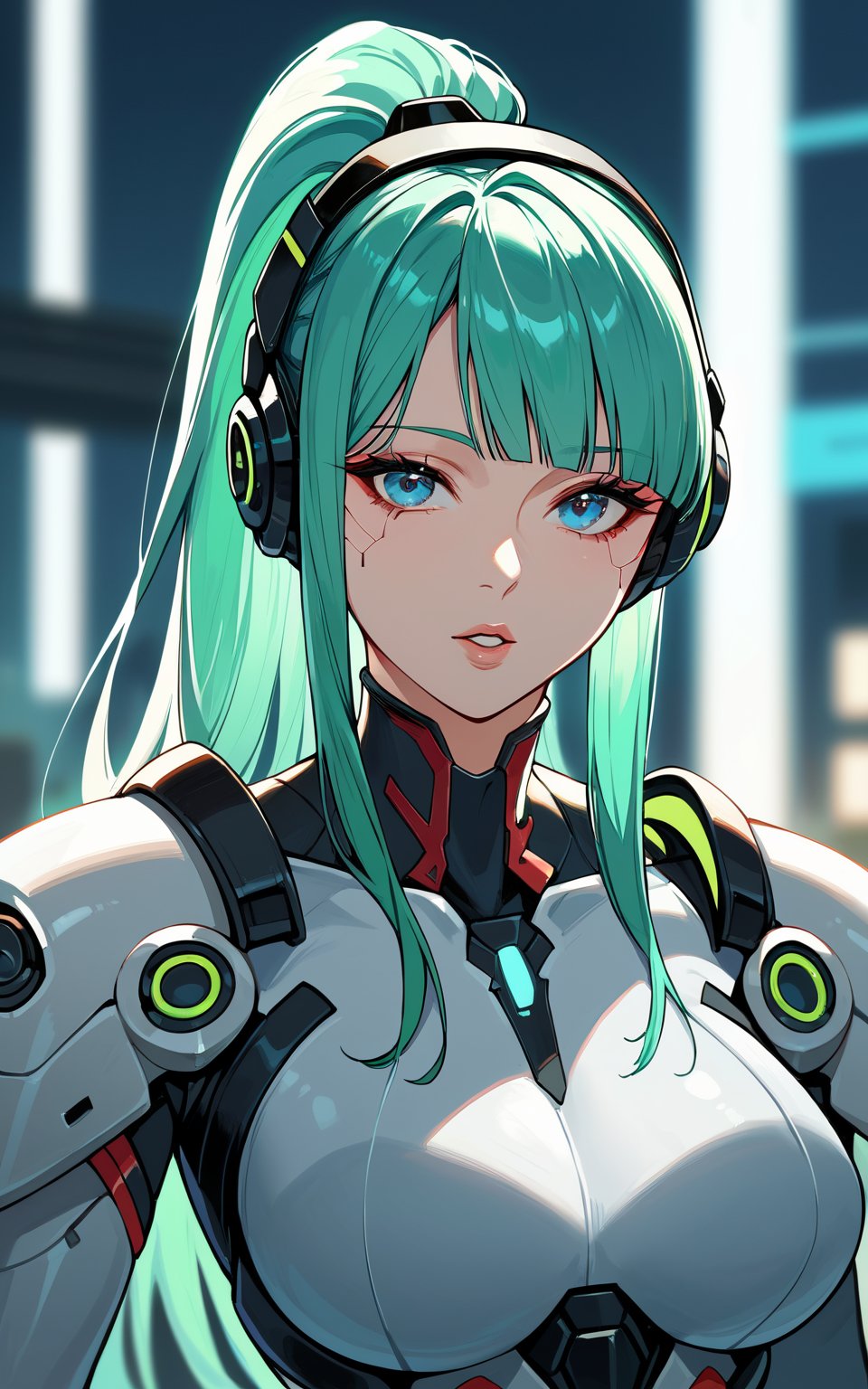 score_9,score_8_up,score_7_up, 1girl,long hair,looking at viewer,blue eyes,upper body,ponytail,parted lips,green hair,armor,lips,aqua hair,makeup,depth of field,blurry background,headphones,science fiction,cyborg,neon trim,cyberpunk