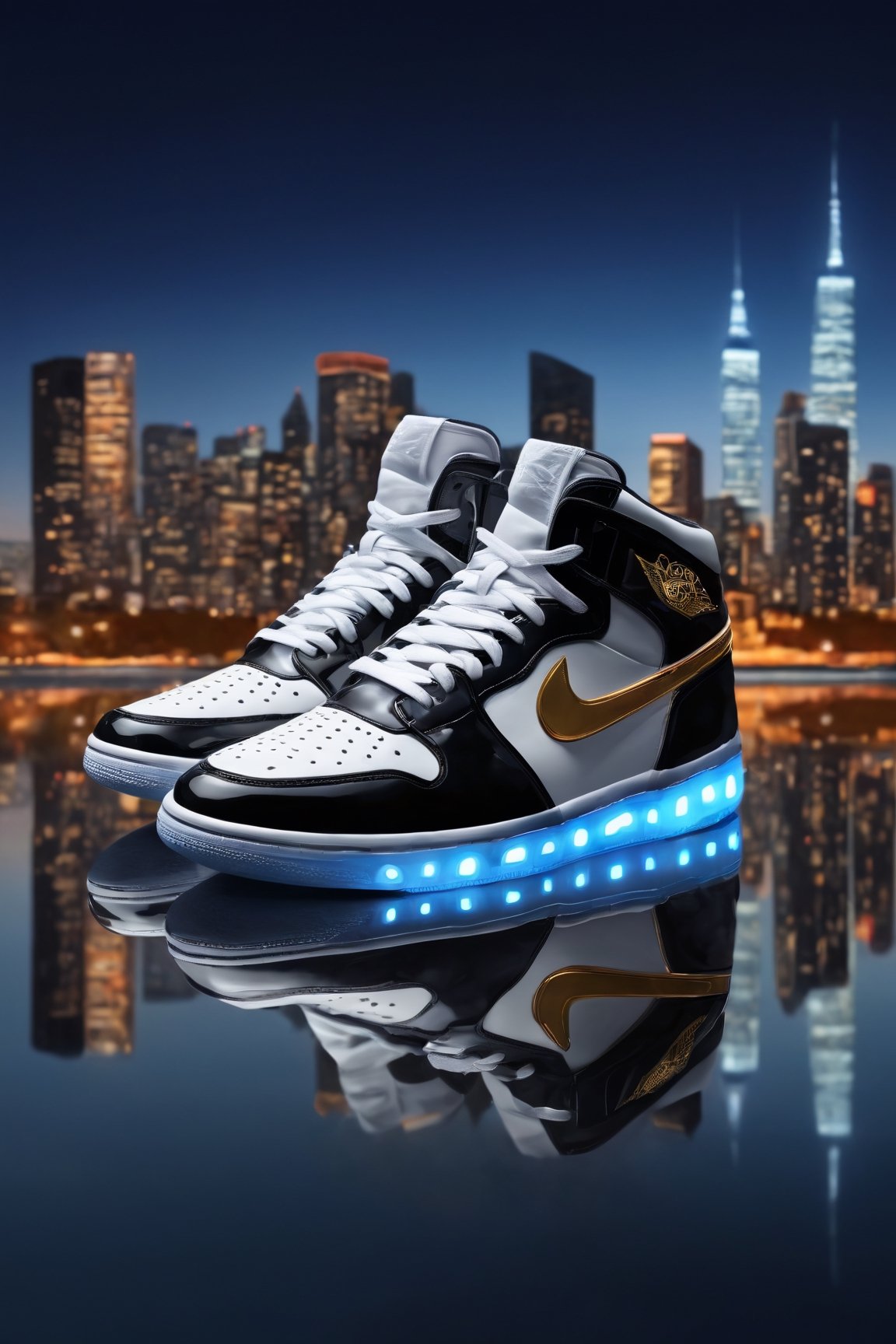 (best quality,8K,highres,masterpiece), ultra-detailed,showcasing the design concept of sneakers in an outdoor setting at night, with the sky overhead and water reflecting the city lights. The sneakers are positioned on a street, with a blurred background that includes buildings and cityscape elements, adding depth to the scene. The use of depth of field enhances the focus on the sneakers while creating a sense of immersion in the urban environment. The reflection of the sneakers on the water's surface adds visual interest and realism, contributing to the overall ambiance of the artwork. This illustration captures the fusion of style and functionality in sneaker design, set against the dynamic backdrop of a bustling city at night.