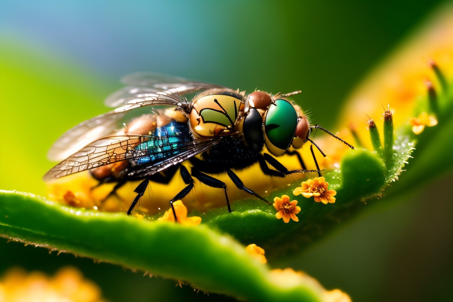 Step into the miniature world with a super close-up macro shot of a fly resting on a colorful flower. The high contrast an...