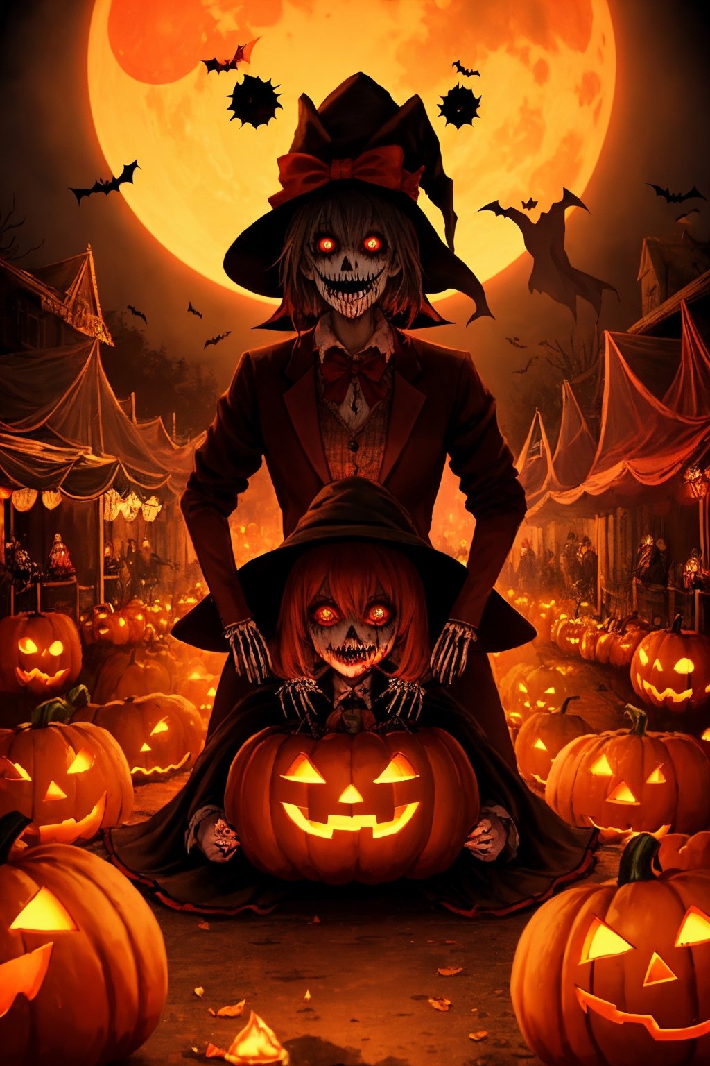 In a nightmarish (Halloween-themed) carnival, a deranged pumpkin-headed scarecrow, animated by an unholy ritual, leads a horde of zombie circus performers. They parade through a ghastly amusement park, where twisted rides and grotesque games await. Above, a blood-red moon casts an eerie glow, illuminating the surreal chaos below. A three-headed skeletal clown with blazing eyes cackles madly, and a sinister cotton candy vendor serves confections that turn people into ghouls. Capture the essence of this insane and macabre spectacle in your entry, where the boundary between delight and terror blurs into a masterpiece of madness.