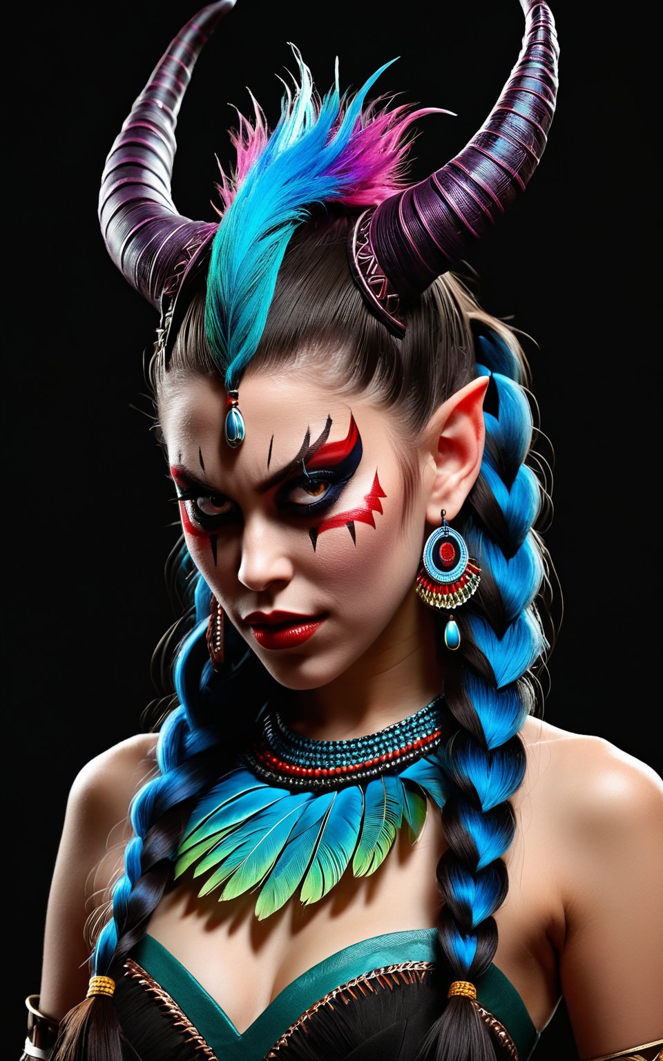 (best quality,8K,highres,masterpiece), ultra-detailed, (girl with an unusual hairstyle made of braids and feathers), a girl with an extraordinary hairstyle composed of intricate braids interwoven with feathers. Her hair is styled with meticulous detail, showcasing the complexity and creativity of the braids and the delicate texture of the feathers. The overall composition highlights her unique and striking appearance, with a focus on the detailed craftsmanship of her hairstyle. The vibrant colors of the feathers add an element of whimsy and elegance, enhancing the overall visual impact of the image