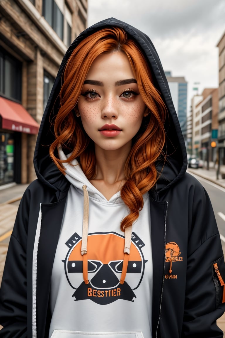 (best quality, 4k, 8k, highres, masterpiece:1.2), ultra-detailed, (realistic, photorealistic, photo-realistic:1.37), 1girl,solo,long hair,looking at viewer,shirt,brown eyes,closed mouth,jacket,upper body,open clothes,hood,orange hair,open jacket,lips,black jacket,black shirt,eyelashes,hoodie,hooded jacket,hood up,freckles,realistic,nose,open hoodie