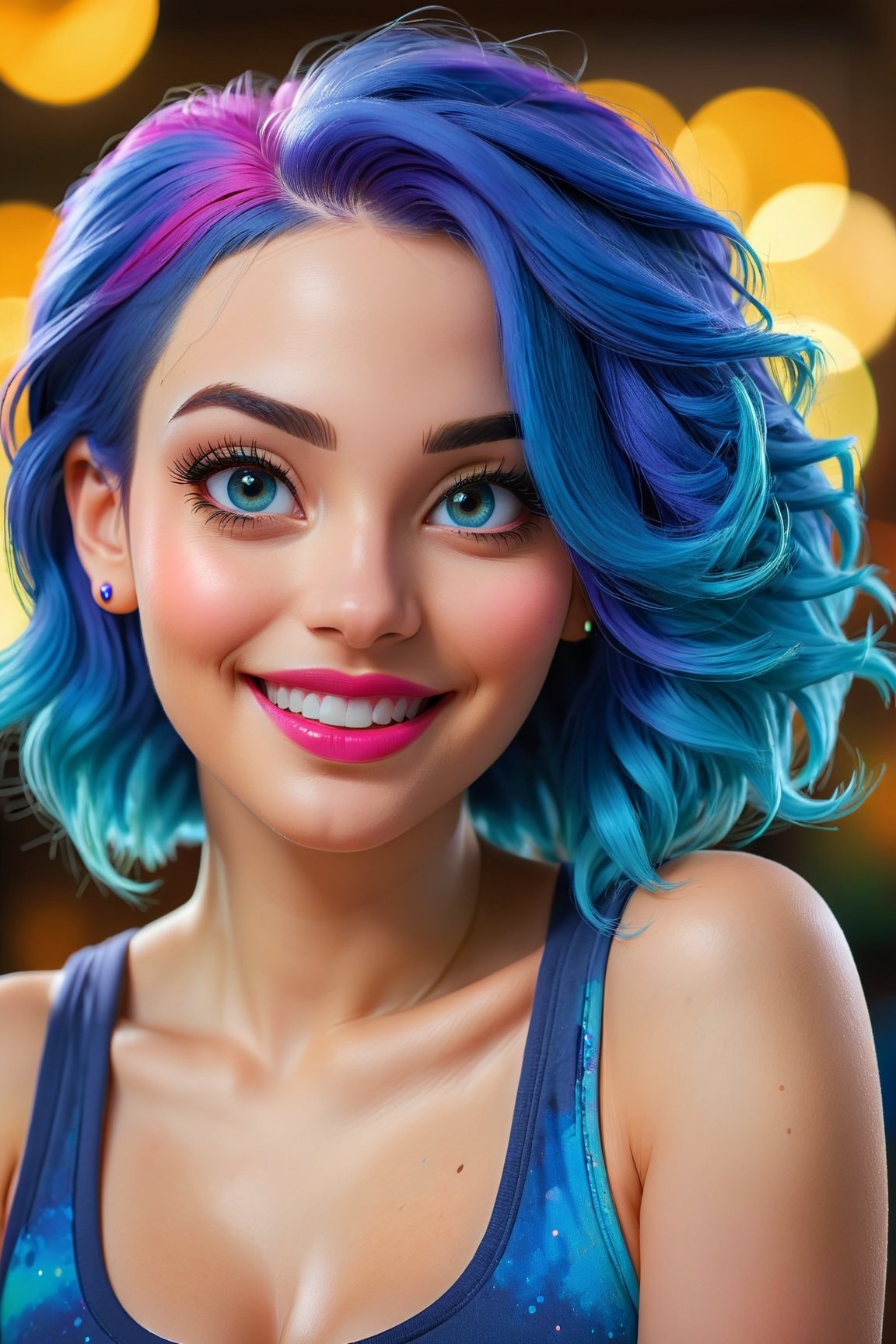 woman, smiling, blue hair, gym clothes, (best quality, highres:1.2), (vivid colors, colorful:1.1), (bokeh), (portraits), (studio lighting), (ultra-fine painting), (sharp focus), (extremely detailed eyes and face), (detailed lips), (beautiful detailed eyes), (long eyelashes)