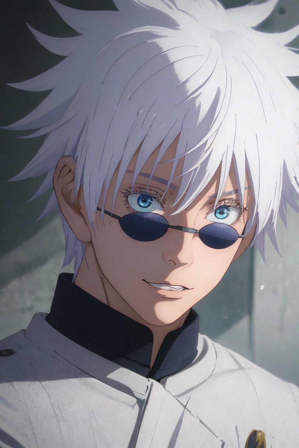 (best quality,4k,8k,highres,masterpiece:1.2),ultra-detailed,(realistic,photorealistic,photo-realistic:1.37),jujutsu Kaisen, Satoru Gojo, blindfold, white hair, cinematic,illustration,sharp focus,portrait,detailed wrinkles,menacing expression,beautiful detailed eyes,striking pose,background with Japanese symbols,strong aura vibrant colors,contrasting dark shadows,key light emphasizing the facial features,atmospheric lighting,subtle color grading