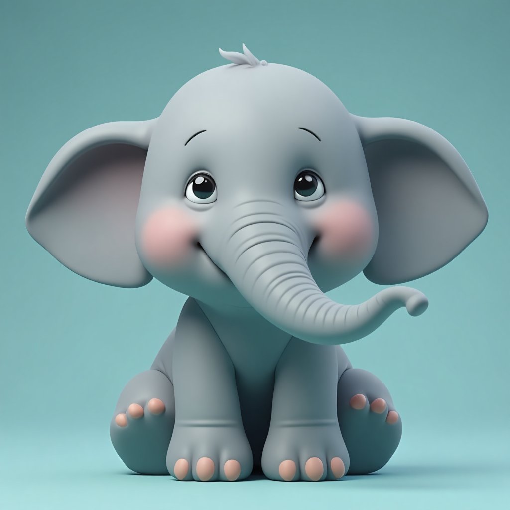 3D cute animal character,
A cute cartoon elephant sits on a teal background, exuding charm with its oversized ears and expressive, round eyes. The elephant's trunk curls playfully, and its cheeks are adorned with a rosy blush. Its stubby feet are prominently displayed, showcasing tiny toenails. The smooth, soft texture of the grey skin contrasts subtly with the gentle shading, providing a sense of depth and warmth. Rounded shapes and soft lighting emphasize the elephant's adorable features, making it appear irresistibly endearing and friendly.