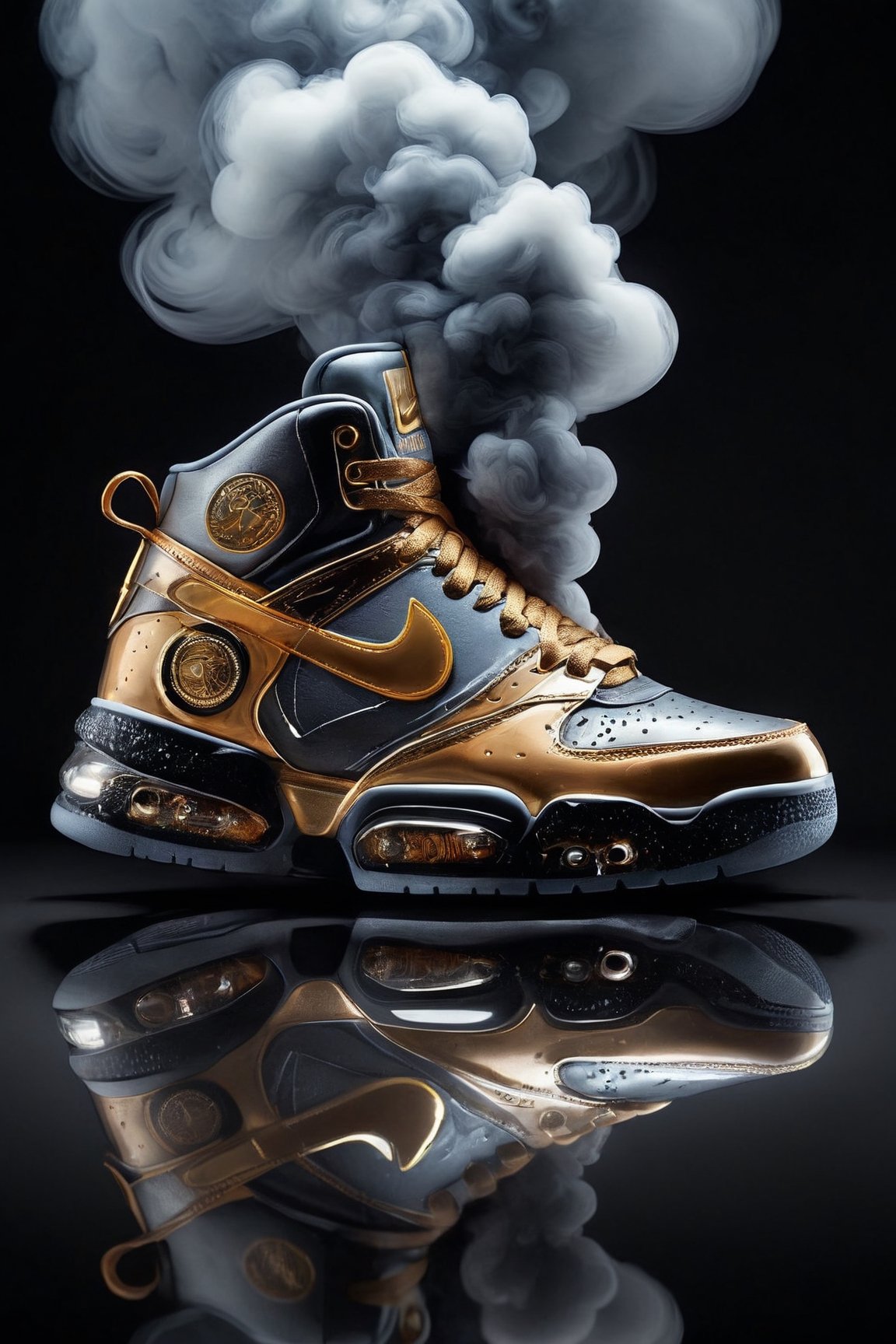 (best quality,8K,highres,masterpiece), ultra-detailed illustration capturing the design process of sneakers, focusing on shoes engulfed in a smoke cloud against a blurry nighttime backdrop. The scene depicts a ground vehicle, subtly reflected in the surface below, adding depth to the composition. The sneakers, the central focus of the image, are shrouded in smoke, highlighting their dynamic design elements and creating an atmosphere of mystery and intrigue. The interplay of light and shadow enhances the visual impact, while the reflection on the ground adds a layer of realism to the scene, immersing the viewer in the urban setting. This artwork is a testament to the creativity and craftsmanship involved in sneaker design, showcasing the fusion of style and functionality in a captivating visual narrative.