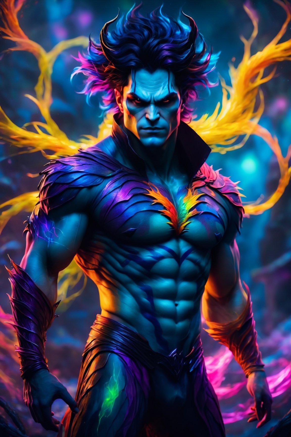 (best quality,8K,highres,masterpiece), ultra-detailed, (photorealistic, anime-style), illustration painting of a luminous and enchanting bad guy, undead/human-like creature with vibrant and colorful dark hair. The character strikes a dynamic pose in a fantastical realm environment filled with vivid hues and vibrant colors, illuminated by fantastical light particles. The mid shot composition and rule of thirds depth of field showcase intricate details, emphasizing the creature's grandeur and awe. The scene is cinematic, featuring double exposure effects and strong outlines, creating a stunning visual masterpiece bursting with lively and energetic colors.