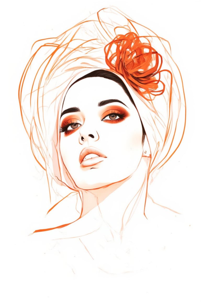 A digitally rendered portrait features a woman with a monochromatic palette punctuated by vivid orange accents. She wears a headscarf with flowing lines and an orange flower. Her makeup includes striking orange eyeshadow and lipstick. Soft, smooth lines define her face, while abstract, fluid lines in orange contour around her, creating a dynamic contrast. Her expression is neutral, and the background remains stark white, emphasizing the subject’s features and colorful elements.