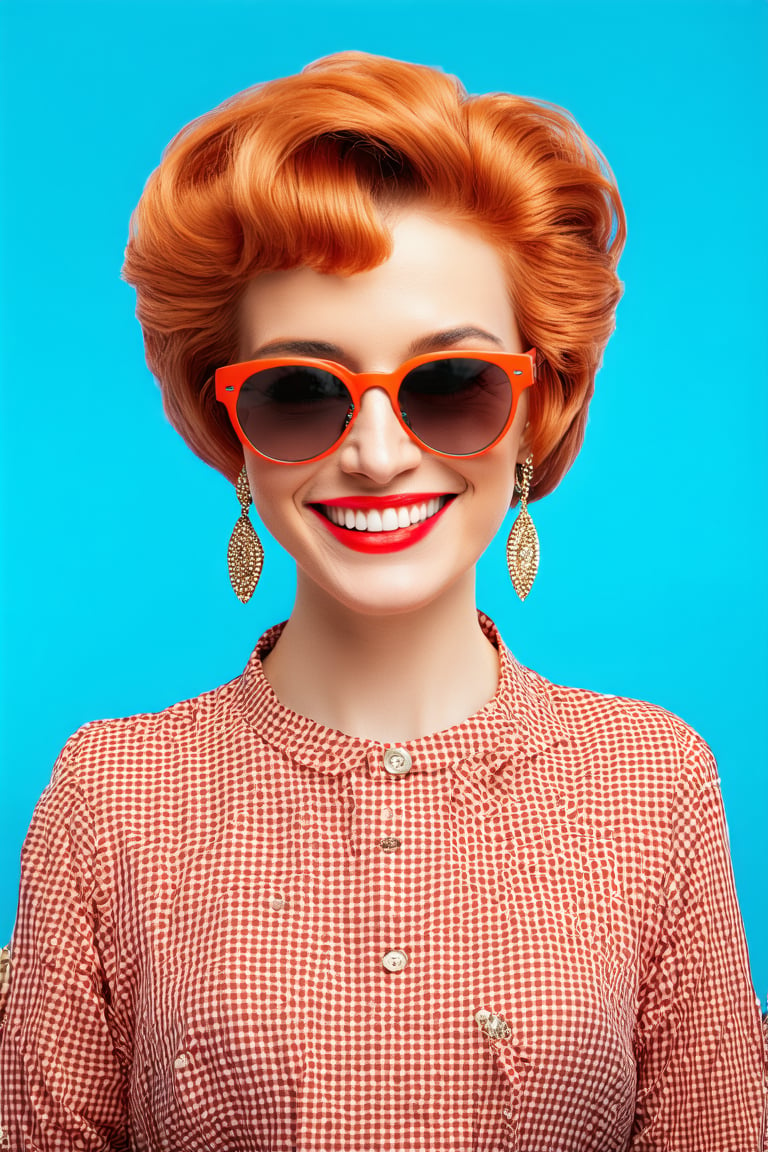 (best quality,8K,highres,masterpiece), ultra-detailed, a midcentury modern woman with red retro hair, wearing Palm Springs retro attire and sunglasses. happy smile, The portrait is infused with Wes Anderson's signature style, featuring symmetrical composition, pastel color palette, and meticulous attention to detail. pop surreal element to the scene. The overall composition evokes a sense of nostalgia and whimsy, capturing the essence of retro charm in a visually stunning portrait.