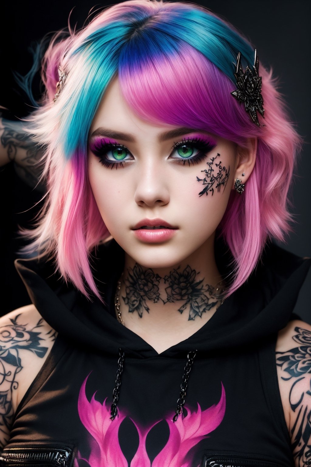 A confident and edgy 18-year-old Girl exudes rebellious confidence. Her boldly colored hair frames her face like a vibrant...