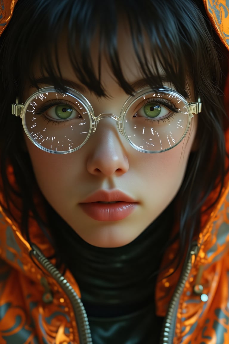 Cyborg style,
A close up of a young woman's face.  Her eyes are green and her hair is dark brown.  She is wearing a pair of round shaped goggles with a clear frame.  The lenses are covered in small white dots and lines.  There is a zipper on the front of the jacket. The jacket is shiny and has orange designs on it.