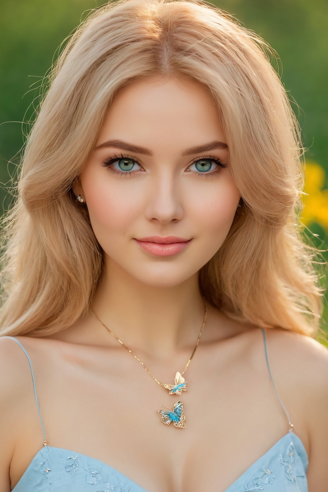 cute, sexy, Russian girl, feeling happy, slight smile, medium breast, wearing a light blue tight fitting top, beautiful detailed eyes, beautiful detailed lips, long eyelashes, soft, natural lighting, oil painting, ultra-detailed, high-res, vivid colors, delicate facial features, pink-toned blush, rosy cheeks, flowing blonde hair, delicate golden chain necklace, charming pose, standing in a blossoming garden, green grass, vibrant flowers, butterflies flying around, soft breeze, warm sunlight, joyful expression, radiant complexion, dreamy atmosphere