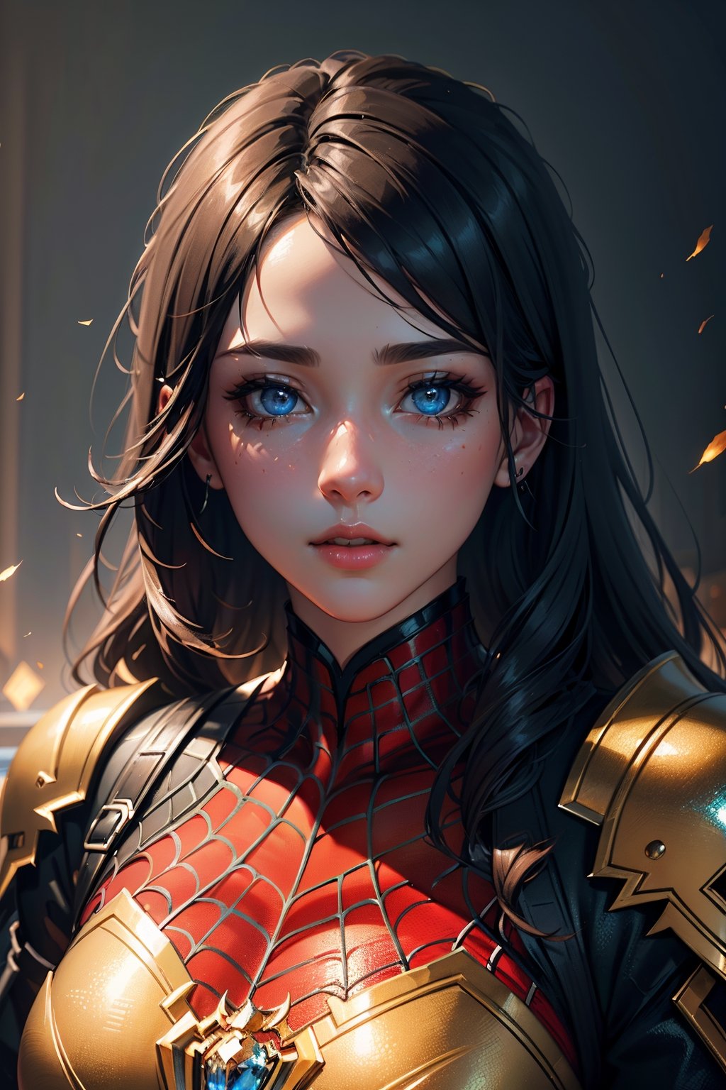 (best quality, 8k, highres, ultra-detailed:1.2), realistic, vivid colors, spiderman in white and gold armour style suit, white cape, beautiful detailed eyes, beautiful detailed lips, extremely detailed eyes and face, long eyelashes, close-up, portrait, studio lighting, HDR, physically-based rendering, ultra-fine painting, sharp focus, trending on artstation, octane render, perfect composition